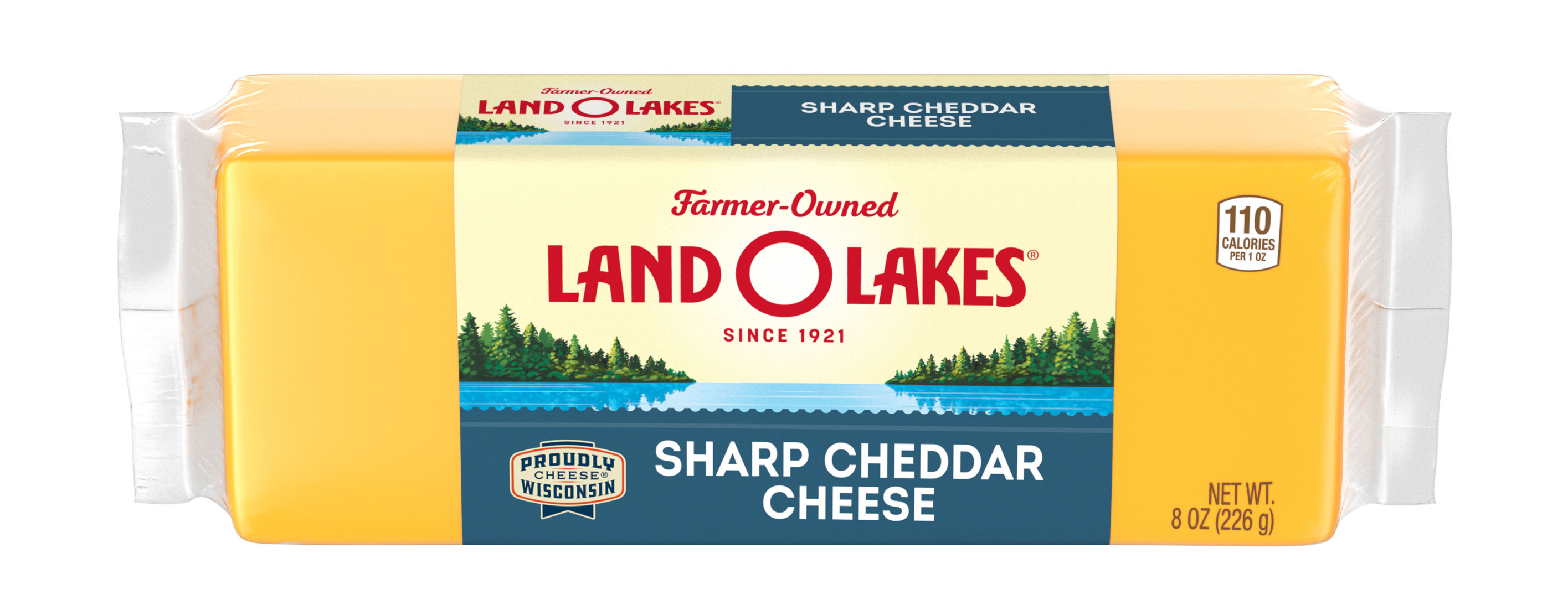 A package of Land O'Lakes sharp cheddar cheese block