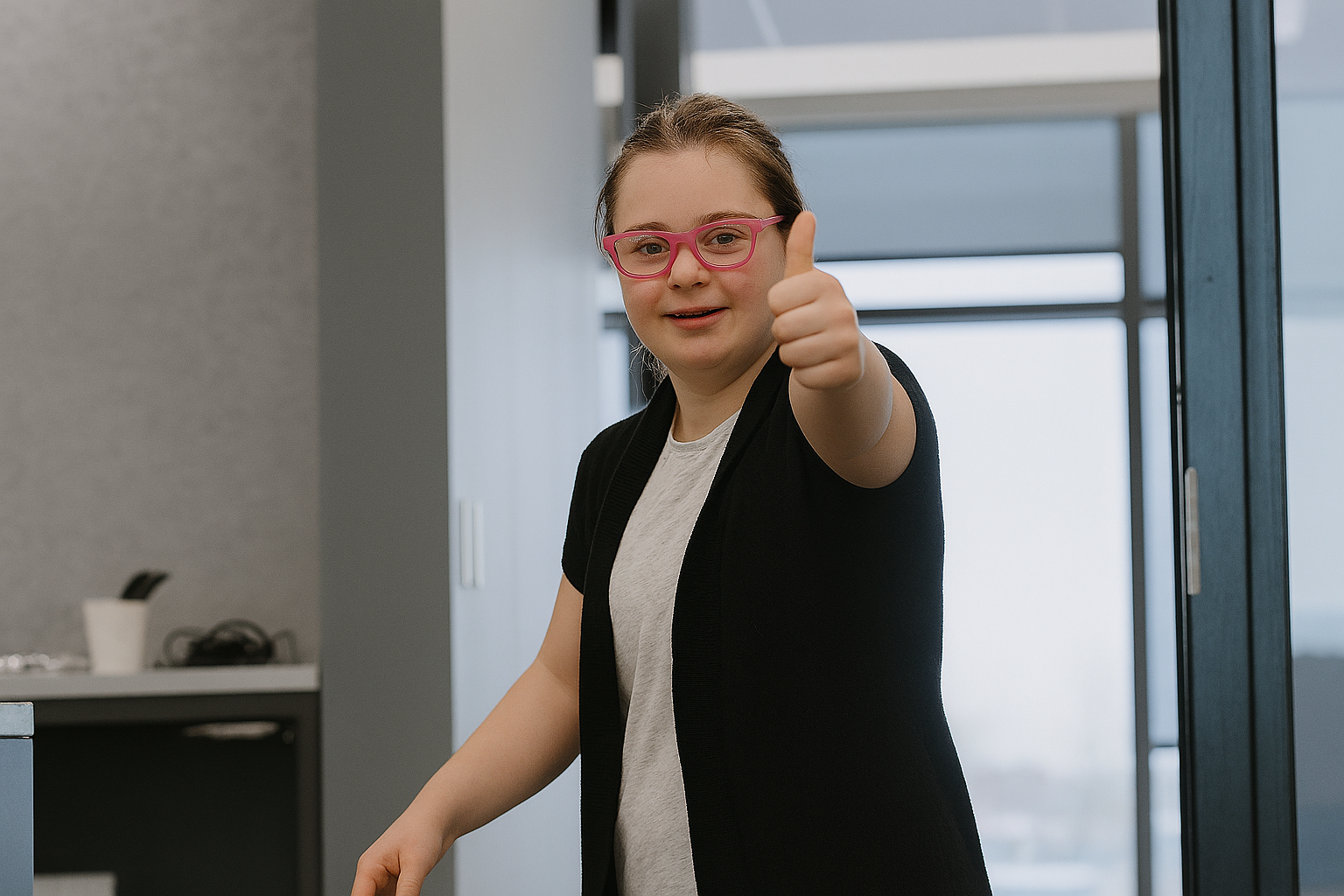 Person giving a thumbs-up gesture while standing indoors near a doorway, with office furniture in the background.