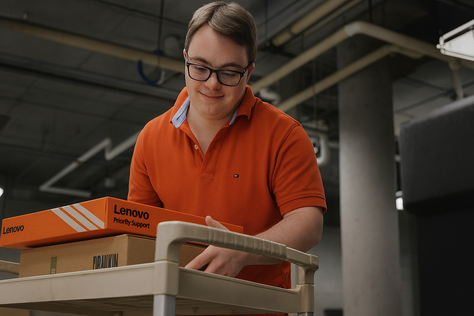 Person wearing an orange polo shirt, standing behind a cart with Lenovo boxes in an industrial setting.