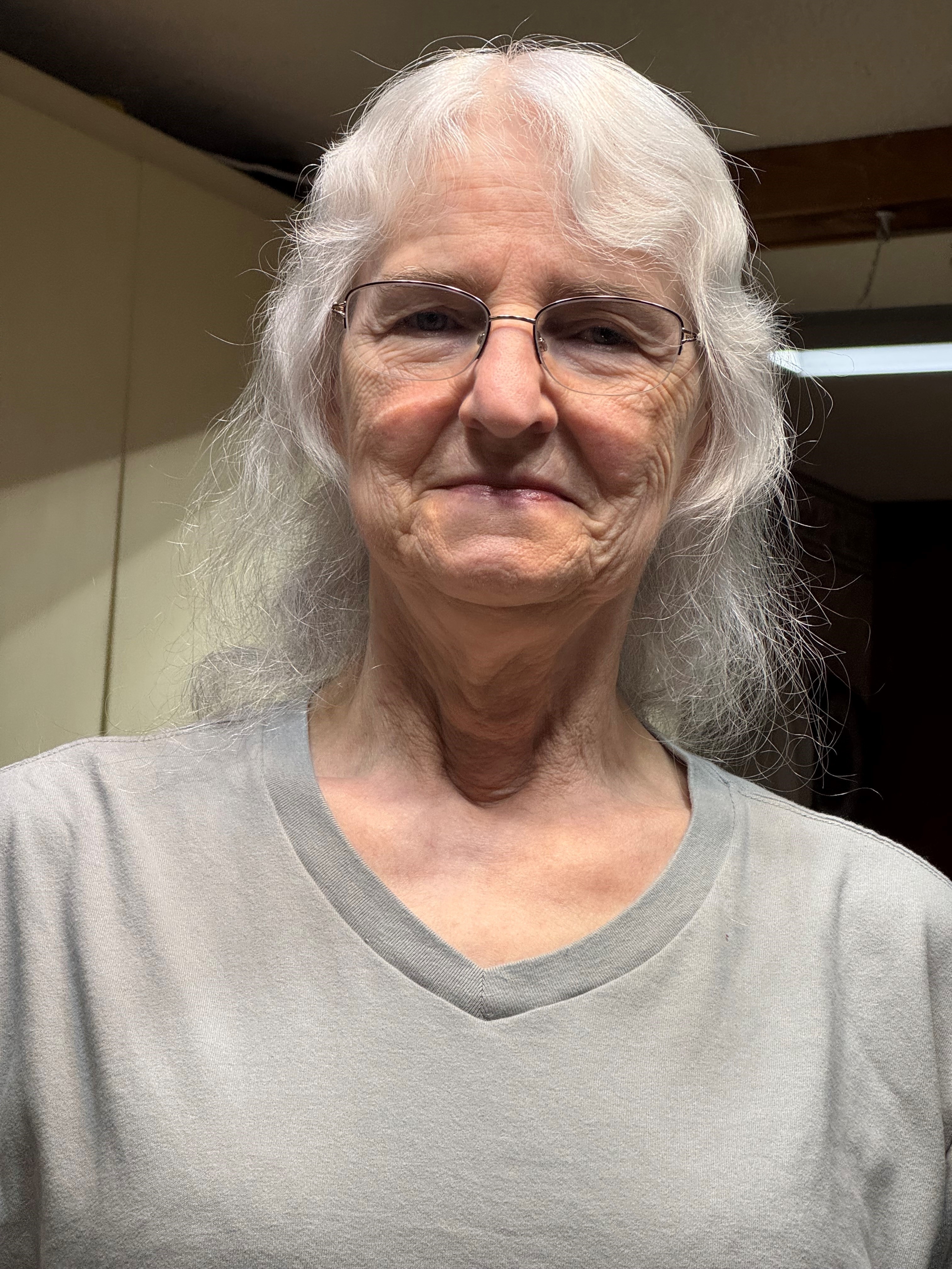 Sue Tesch has white hair and is wearing glasses and a gray T-shirt.