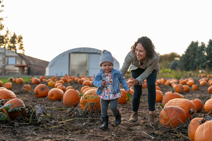 Person helping a small child walk through a pumpkin patch filled with orange pumpkins, with farm buildings visible in the background.