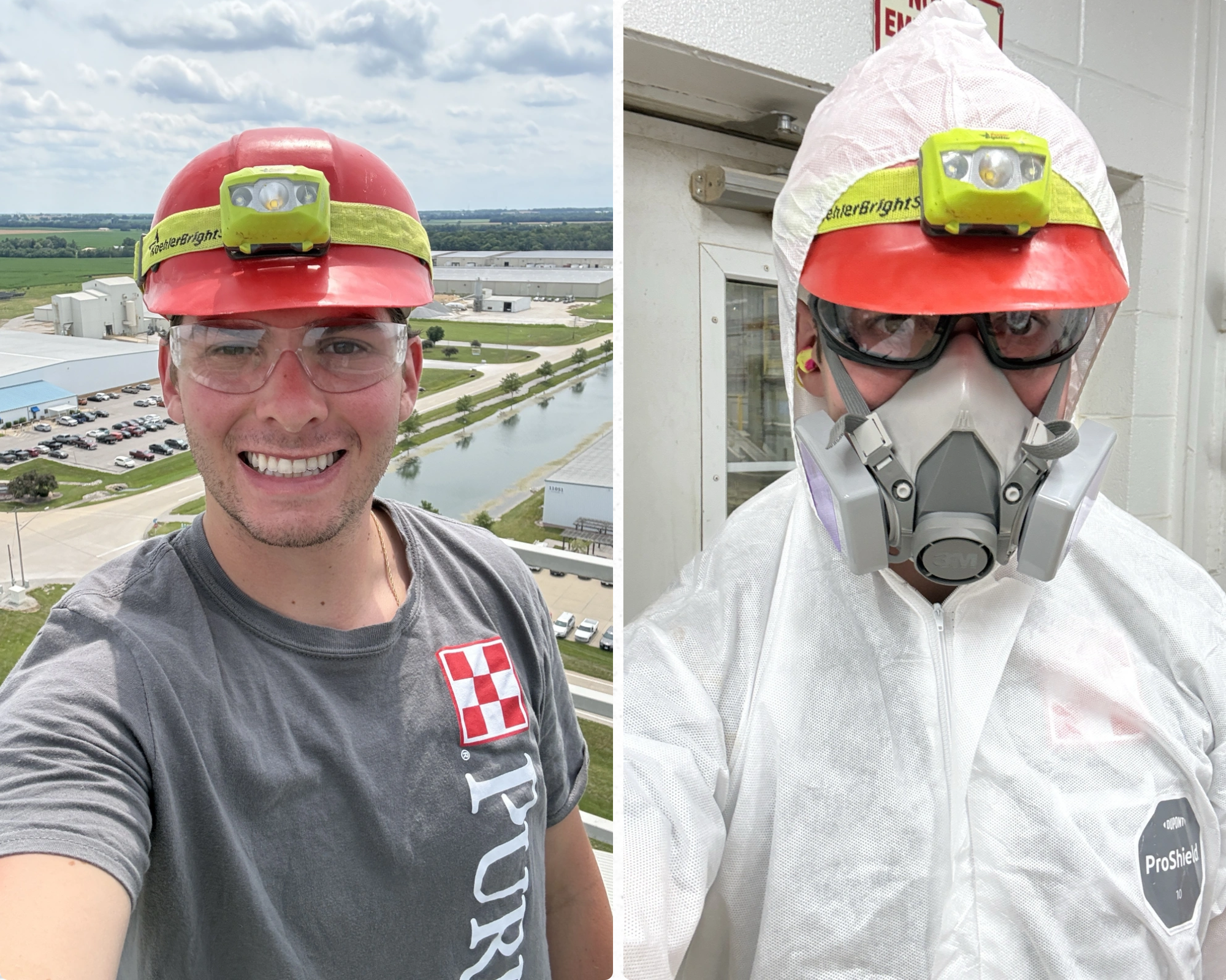 Side-by-side photos of a Purina intern wearing safety gear at a production facility, including a hard hat and safety glasses outdoors overlooking the plant, and full protective equipment.