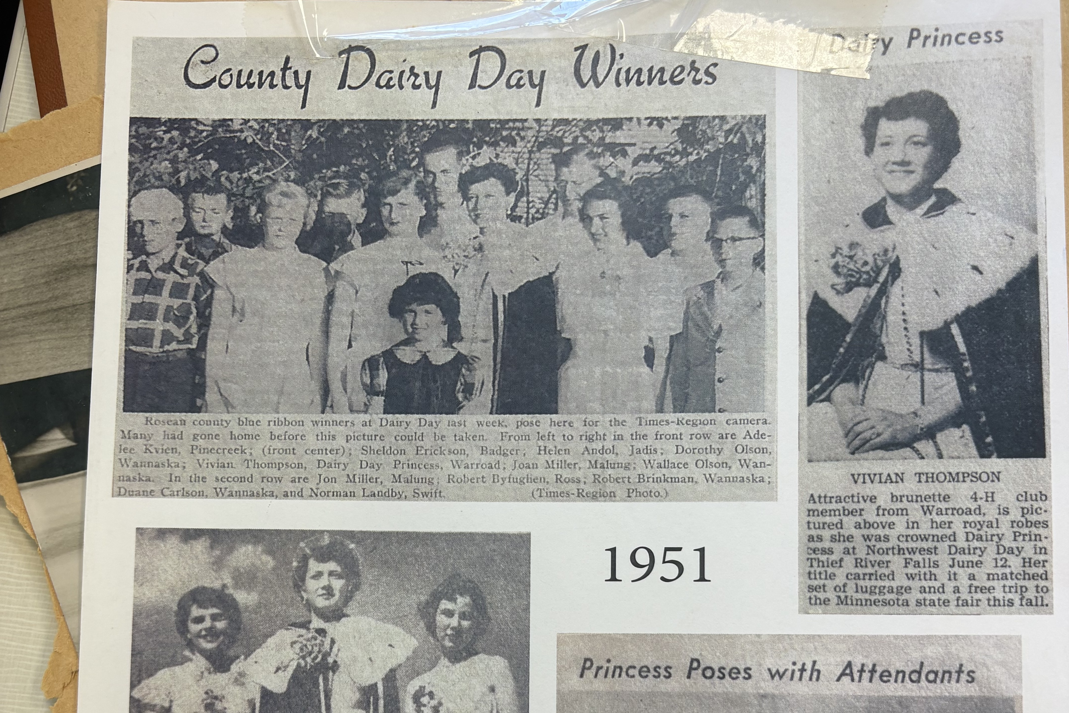 Newspaper clippings from 1951 featuring Vivian Thompson after being named a Dairy Princess and participating in a regional dairy competition in Minnesota.