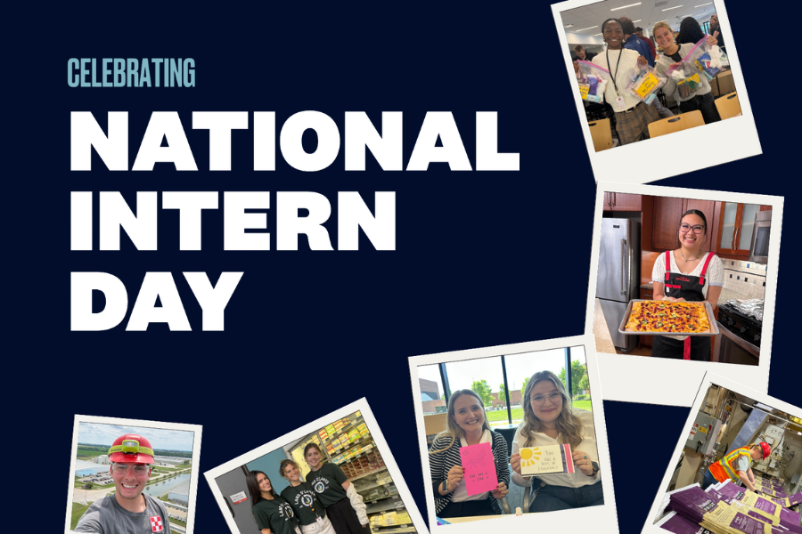 Graphic celebrating National Intern Day featuring the words “Celebrating National Intern Day” alongside a collage of photos showing Land O’Lakes interns working.