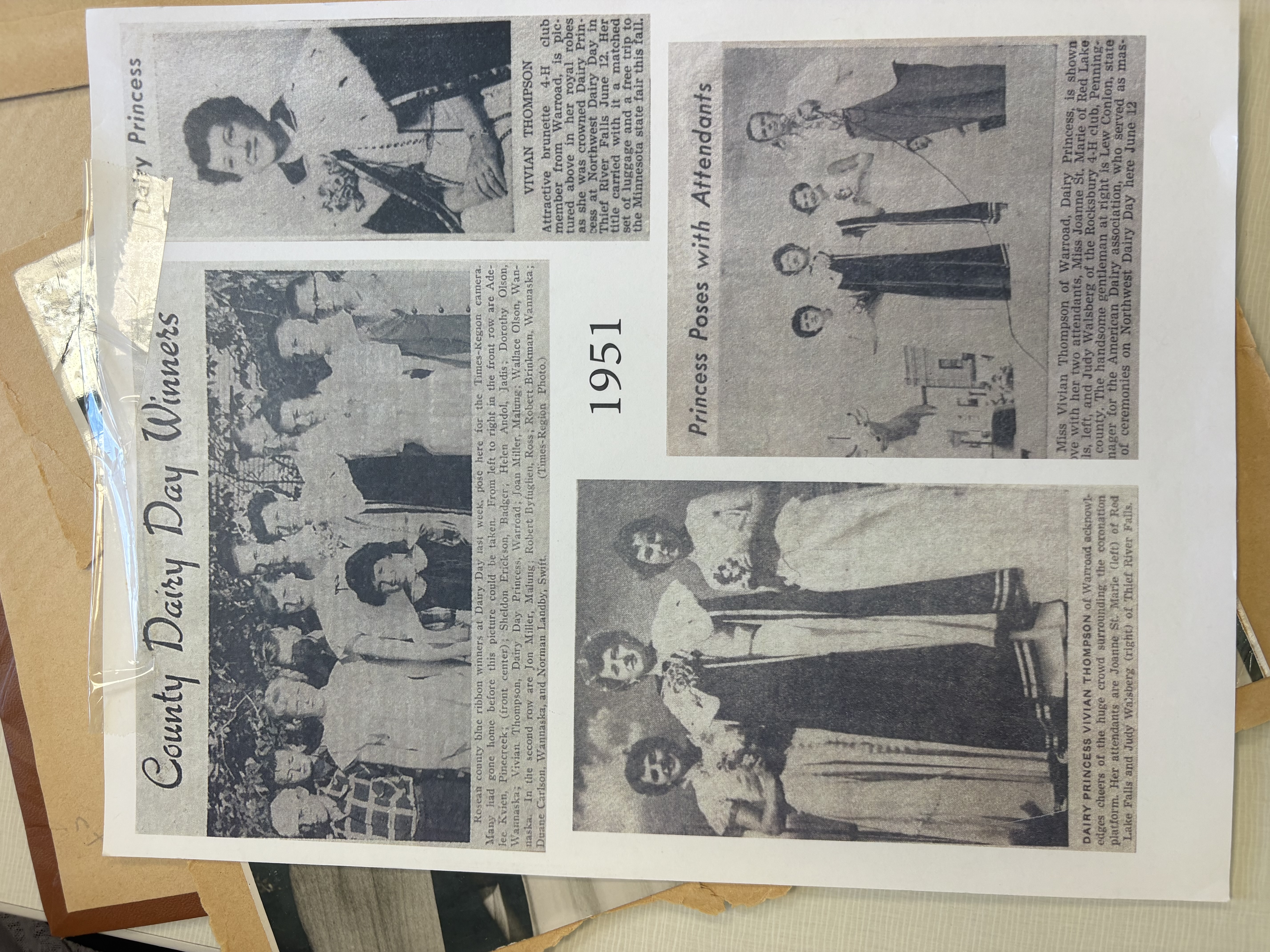 Newspaper clipping from 1951 featuring Dairy Princess Vivian Thompson and Northwest Dairy Day winners.