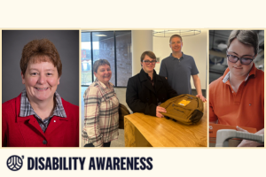 Disability Awareness graphic featuring employee portraits and workplace scenes, including a backpack handoff and computer use.
